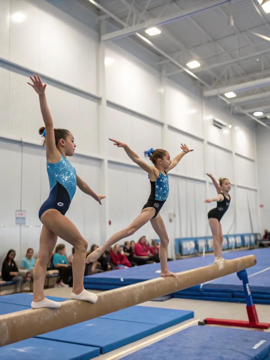 A dynamic shot of girls aged 6-8 practicing basic gymnastics skills on the balance beam at Field Larks, showcasing their focus and determination.