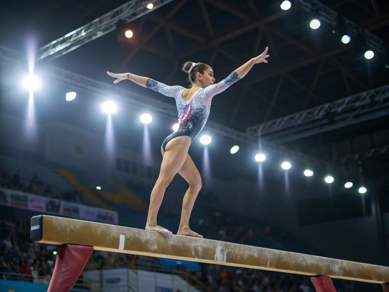 A young gymnast is performing a routine on the uneven bars, demonstrating strength and agility. The background shows other gymnasts practicing, creating a dynamic and energetic atmosphere.