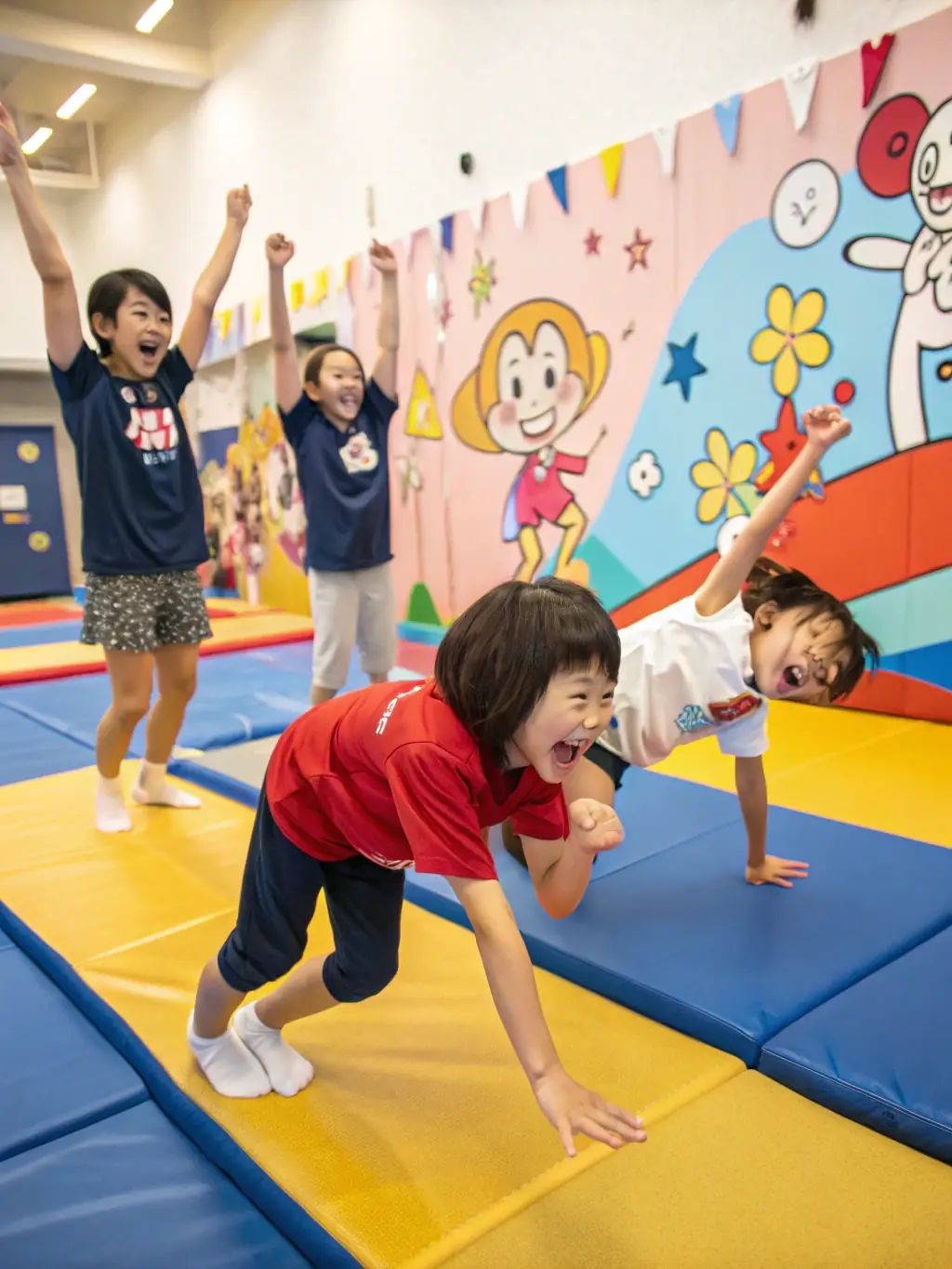 A vibrant image of young girls aged 3-5 participating in a 'Mommy and Me' gymnastics class at Field Larks, with a focus on playful activities and parental involvement.