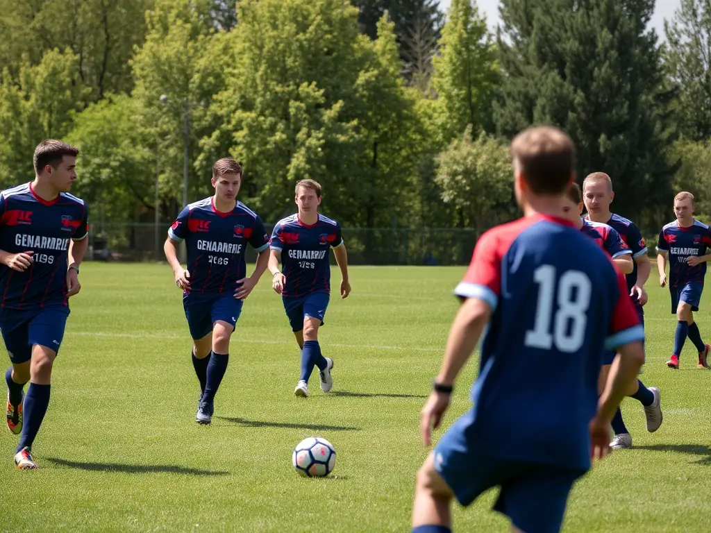 An image of gendarmerie personnel and community members participating in a friendly football match in an outdoor field.