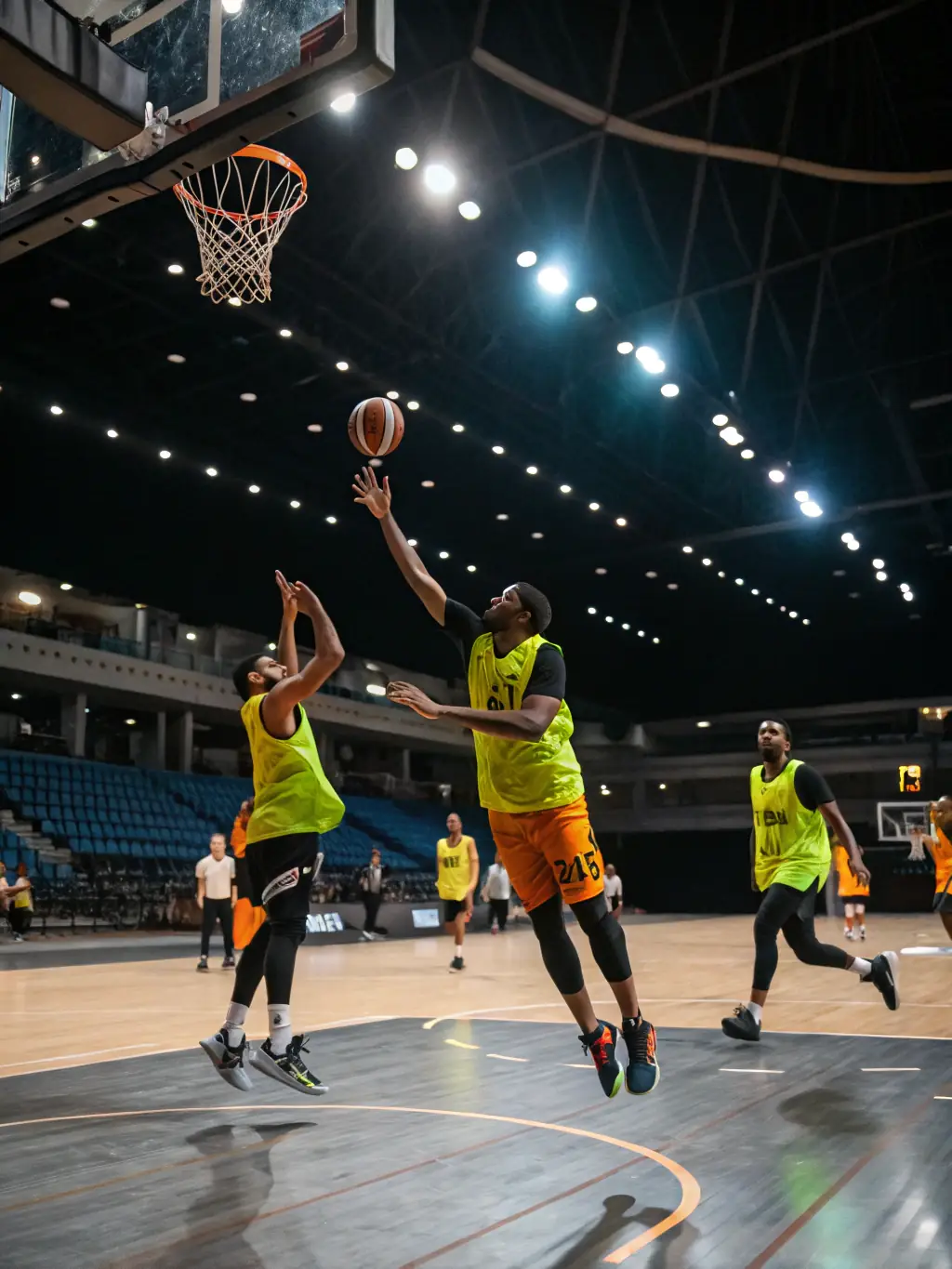 A dynamic image of adults playing basketball in a local Achicourt gymnasium, highlighting the association's commitment to adult sports and fitness.