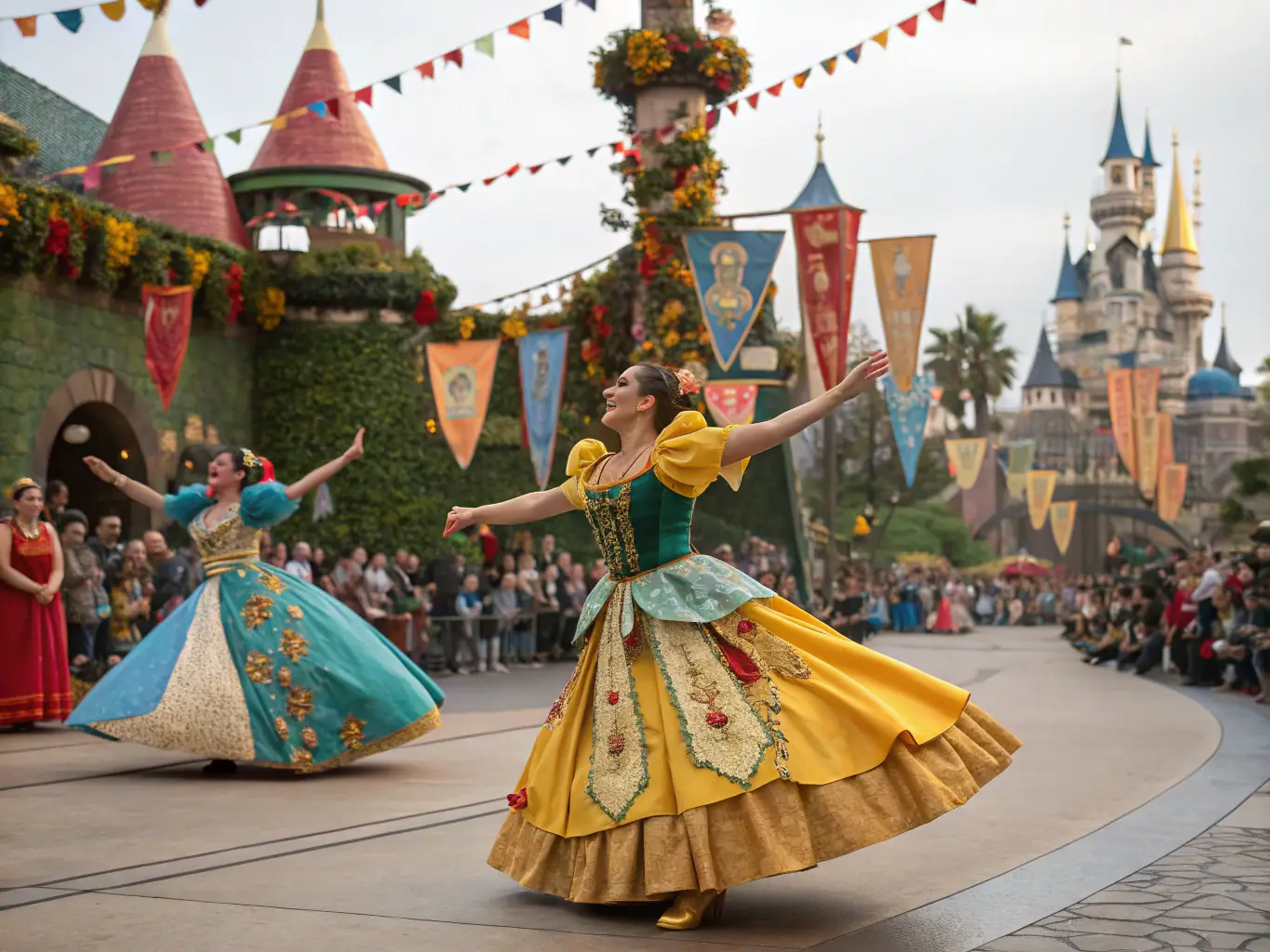 A vibrant image of a local dance performance during a community festival with colorful costumes and lively audience participation.