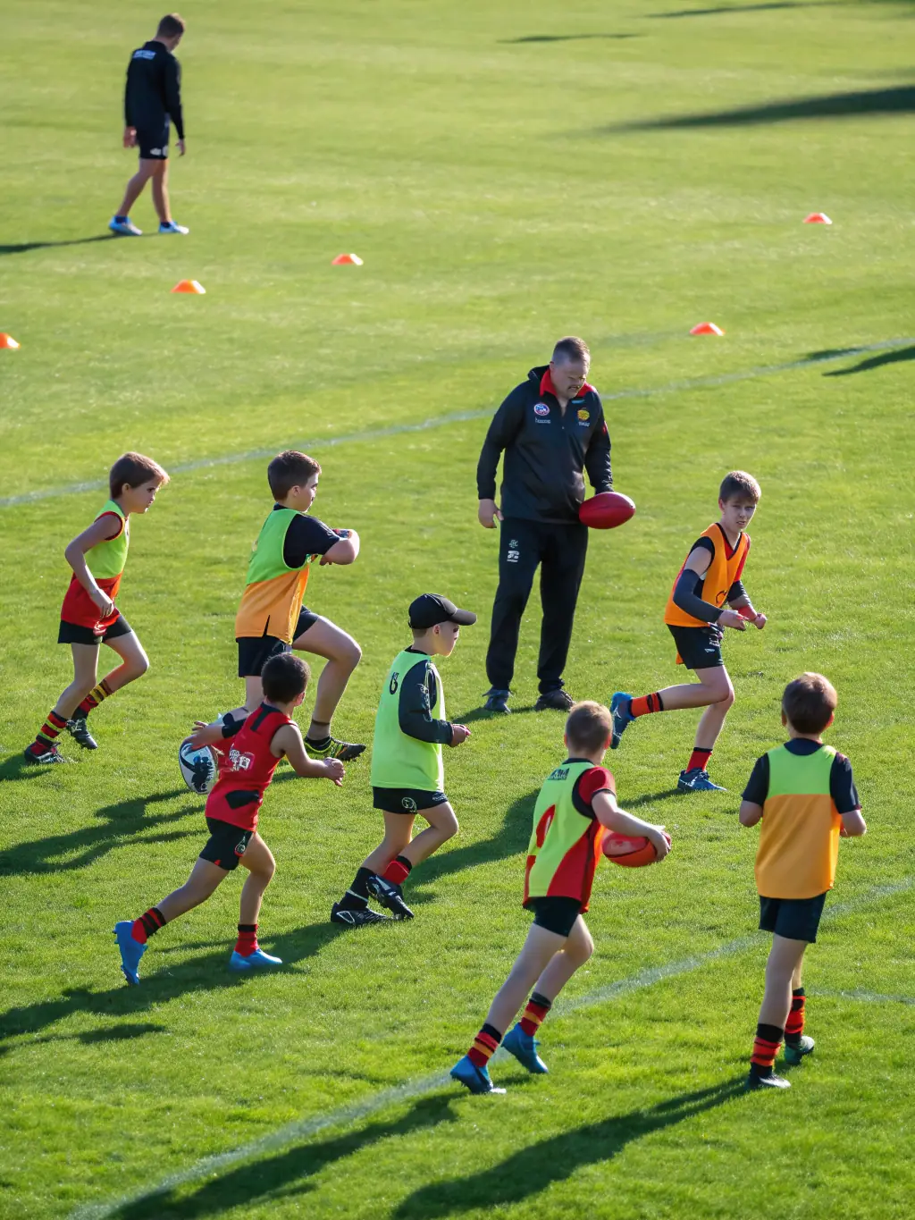 A vibrant photograph capturing a group of children participating in a football training session at Achicourt Multi Sports Association, showcasing teamwork and youthful energy.