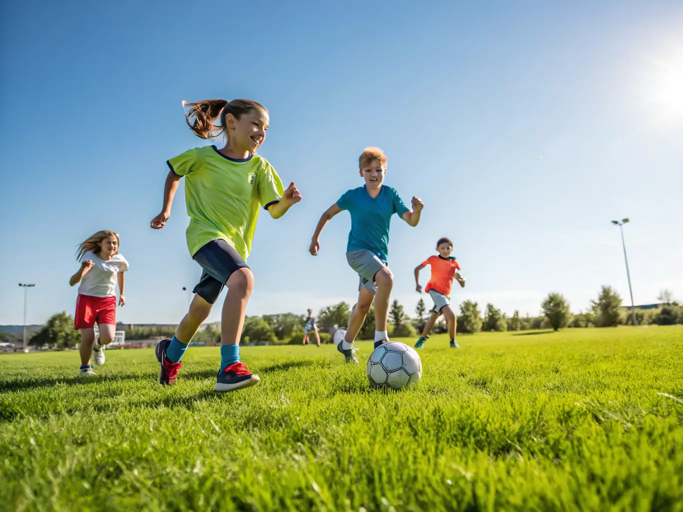 A dynamic image capturing a diverse group of children and adults participating in a football match in a local park, emphasizing the association's commitment to inclusivity and community engagement.