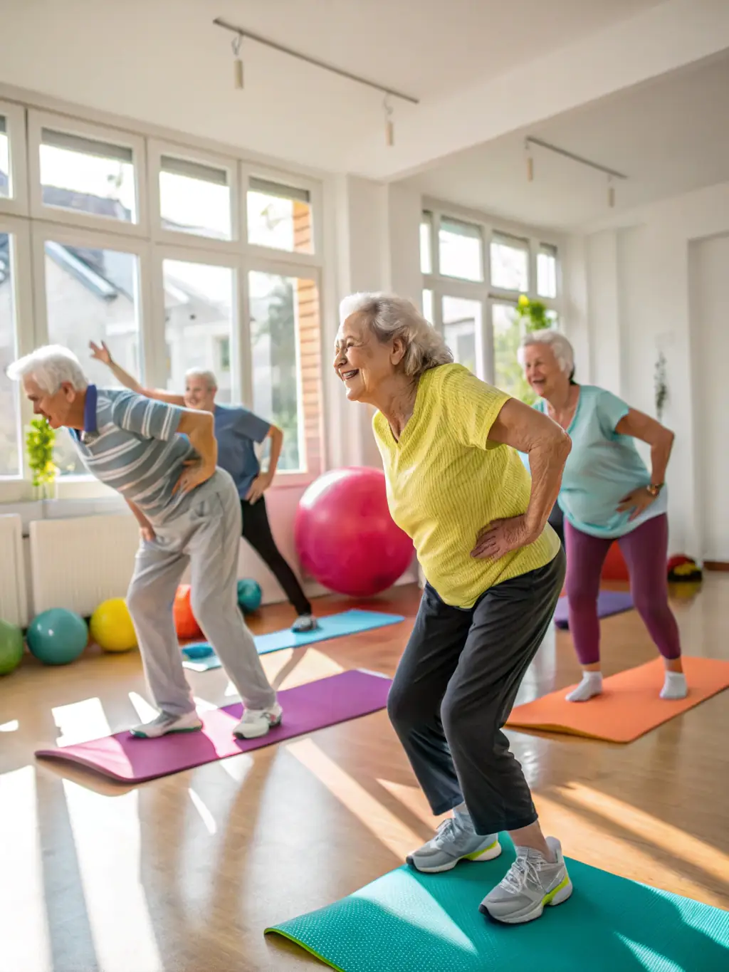 A heartwarming photo of seniors participating in a gentle exercise class at Achicourt Multi Sports Association, emphasizing inclusivity and active aging.