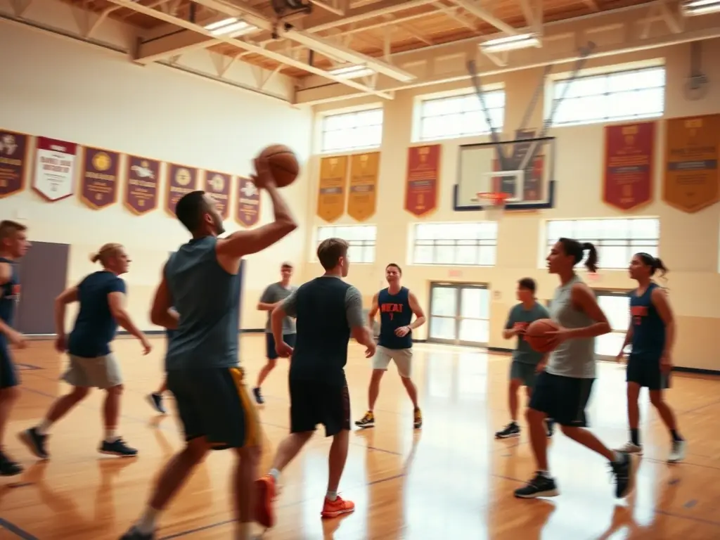 An inspiring image of a basketball team composed of diverse individuals, both young and old, celebrating a successful game, highlighting the association's focus on teamwork and inclusivity.
