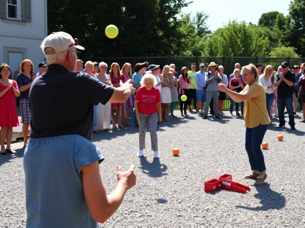 A dynamic shot of a pétanque tournament in progress, showcasing players of all ages and skill levels competing in a friendly and spirited atmosphere, with spectators cheering on the participants.