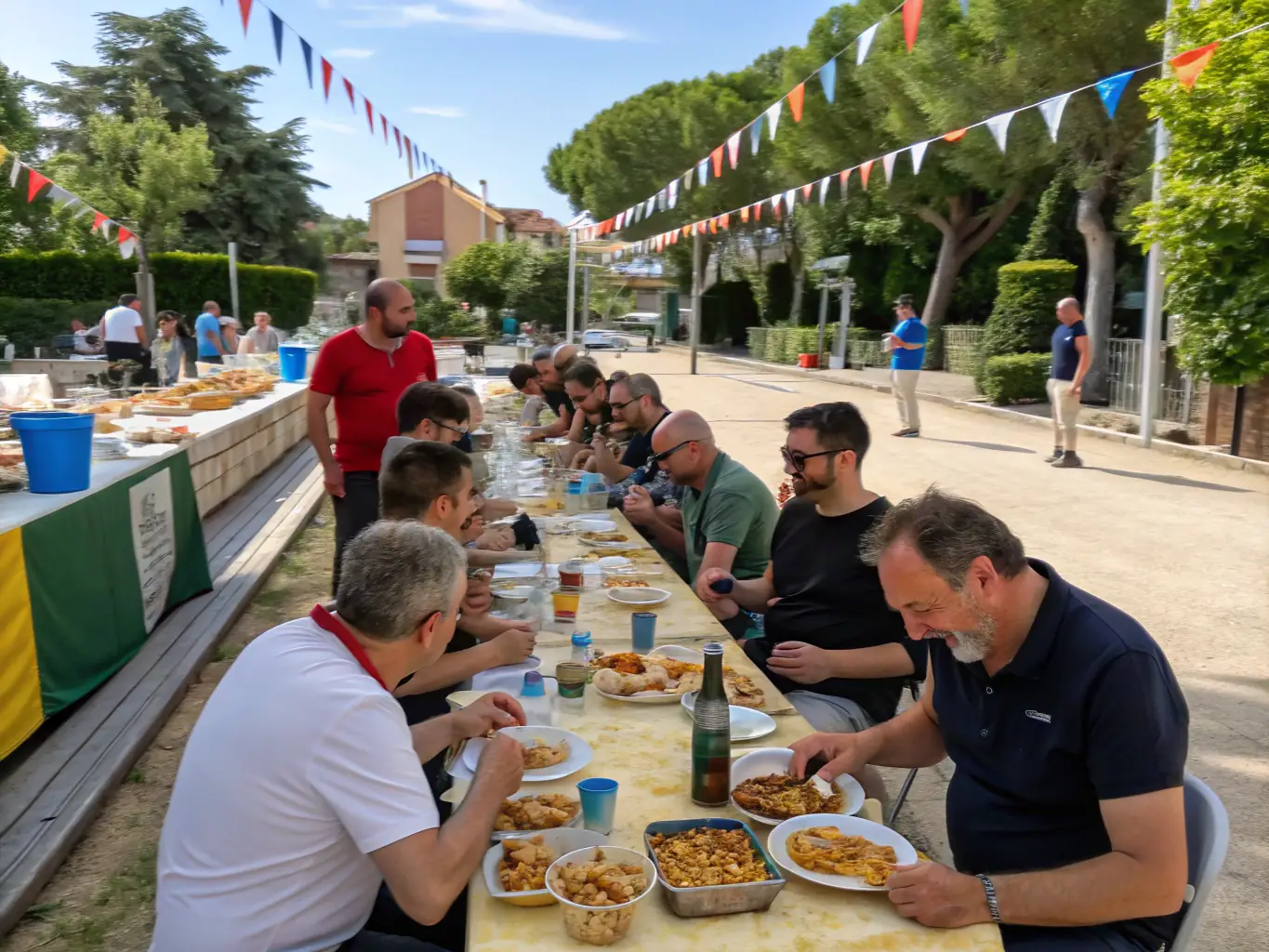 A lively scene from a social gathering at La Boule Sambracitaine, featuring members enjoying food, drinks, and conversation after a boules game, highlighting the social and community aspects of the organization.