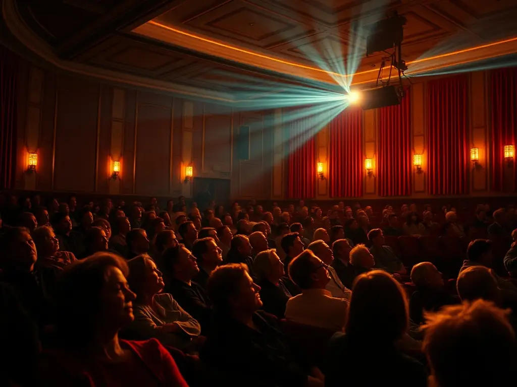 A dynamic image capturing a film screening event organized by TERRE IMAGES, highlighting audience engagement and cinematic appreciation.