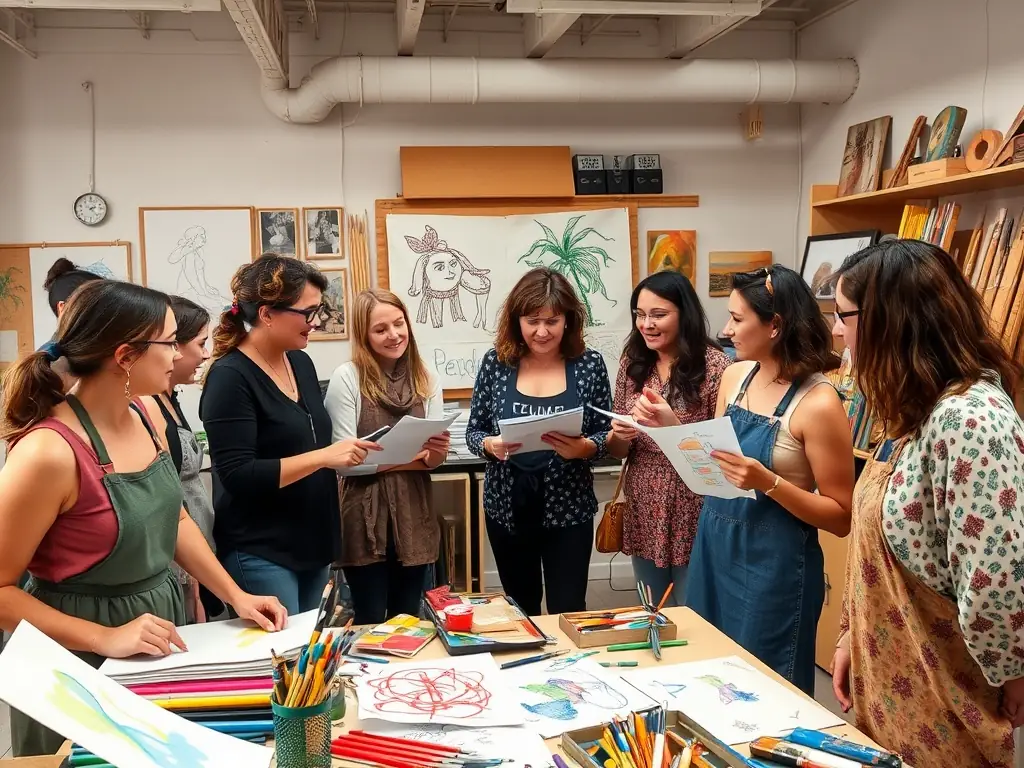 A vibrant image showcasing participants actively engaged in a TERRE IMAGES workshop, focusing on collaborative art creation with diverse materials and expressions.