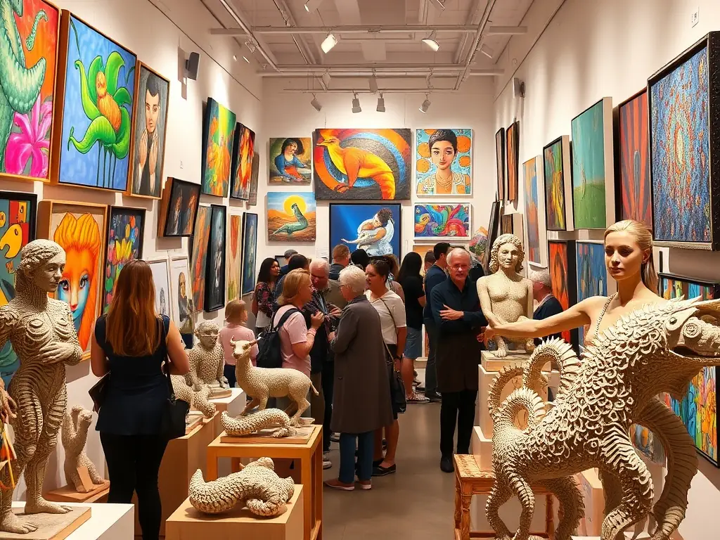 An inspiring image featuring a TERRE IMAGES exhibition, showcasing a diverse collection of artworks and cultural artifacts.