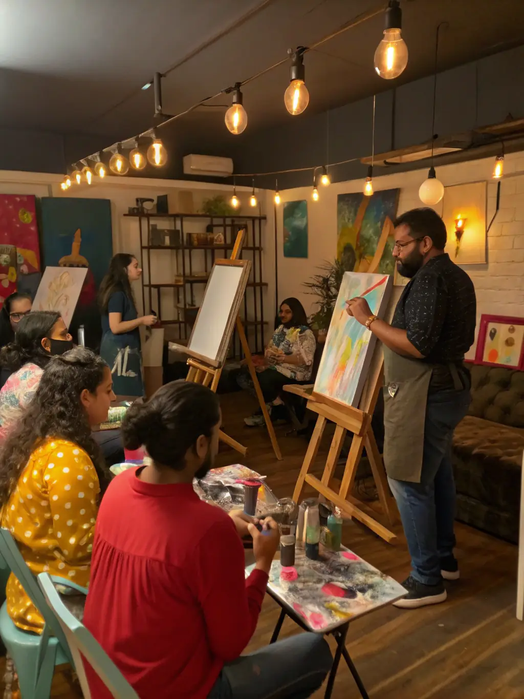 A dynamic image of a TERRE IMAGES workshop, featuring participants actively involved in a hands-on creative activity, guided by an instructor. The atmosphere is collaborative and engaging.