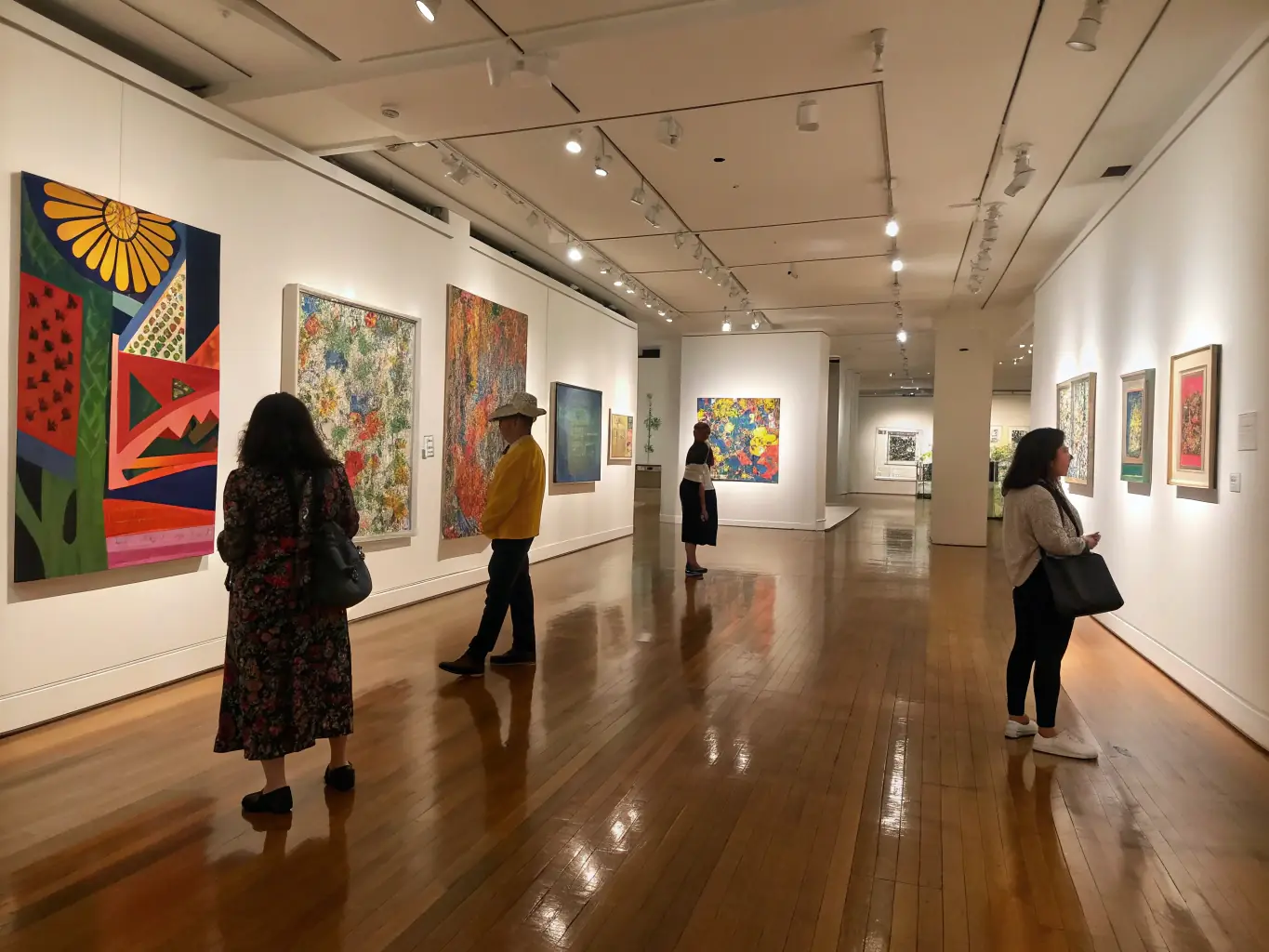 A dynamic image of an art exhibition, showcasing various paintings and sculptures, with people admiring the artwork and engaging in conversations. The scene reflects the artistic expression and cultural exchange.