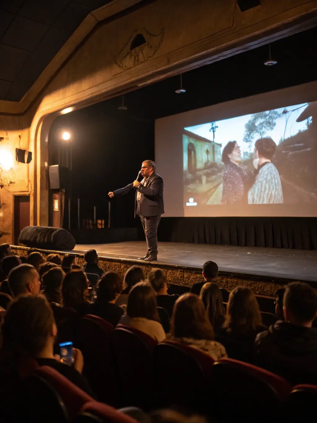 A captivating shot of a TERRE IMAGES film screening, showing an audience engrossed in watching a film in a cozy theater. The atmosphere is intimate and thought-provoking.