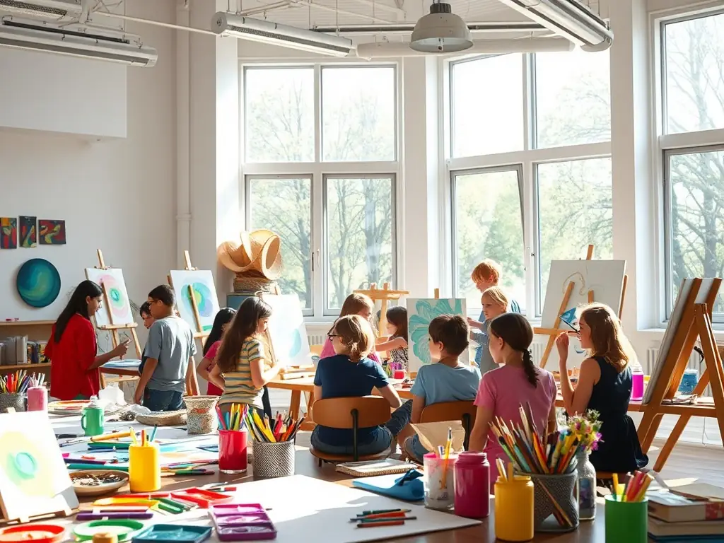 A lively image of a workshop in progress, with participants actively engaged in hands-on activities, guided by an instructor. The scene emphasizes learning, collaboration, and skill development.